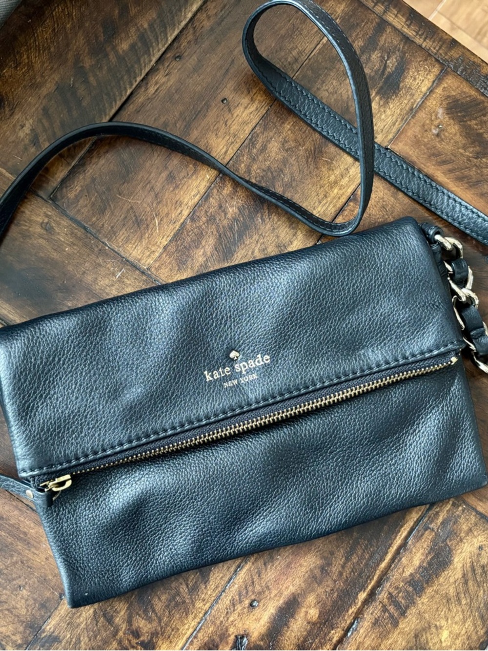kate spade black pebbled leather crossbody with gold hardware